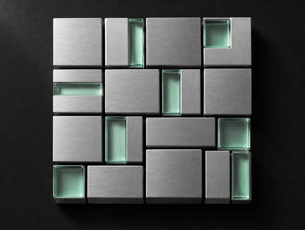 Machined aluminum blocks with glass inserts in a modular grid