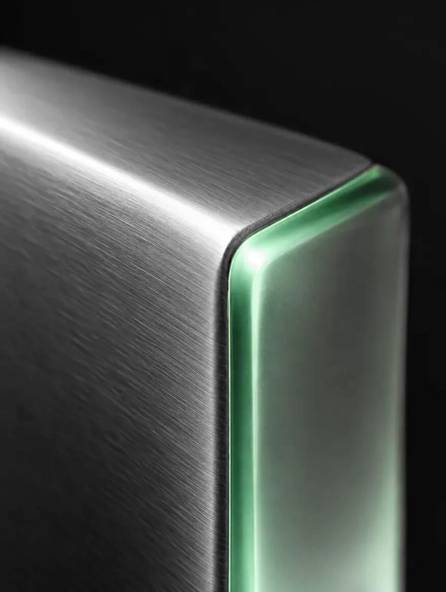Macro of a machined aluminum edge meeting a glowing glass seam
